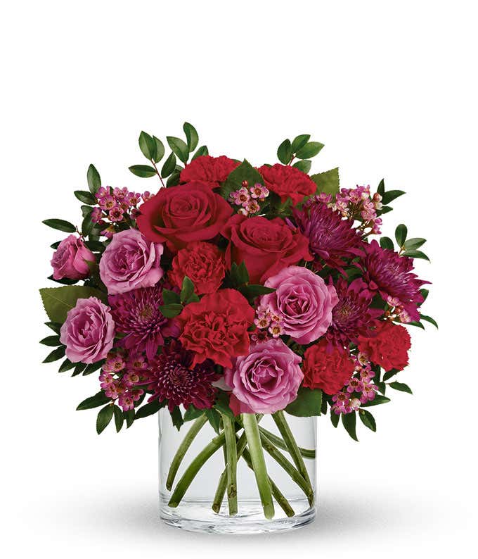 Valentine red rose, red carnation and purple chrysanthemums bouquet