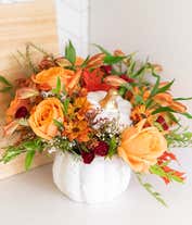 Alternative image 3 for A charming floral arrangement featuring orange roses, orange alstroemeria, maroon mini carnations, yellow mums, and white waxflower, all beautifully arranged in a ceramic pumpkin.