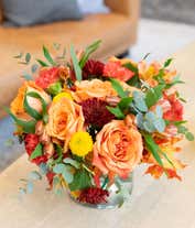 Alternative image 2 for A vibrant fall-themed floral arrangement featuring orange fall roses, orange alstroemeria, yellow button mums, burgundy cushion mums, and orange carnations, all elegantly displayed in a cylinder vase.