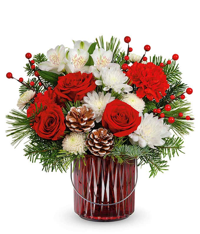 Festive holiday floral arrangement with red roses (Deluxe & Premium), red carnations, white alstroemeria, white chrysanthemums, frosted pinecones, red berries, and seasonal greenery in a red glass vase