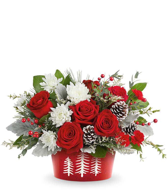 Christmas flower arrangement with red roses, miniature red carnations, and white cushion spray chrysanthemums in a red container with white tree design, accented with pinecones and berries.