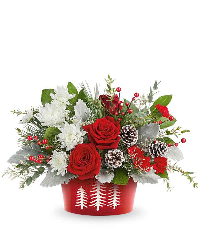 Christmas flower arrangement with red roses, miniature red carnations, and white cushion spray chrysanthemums in a red container with white tree design, accented with pinecones and berries.