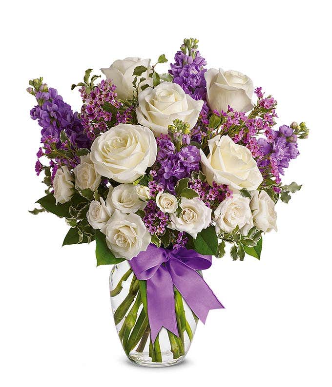 White roses and purple stock in a vase