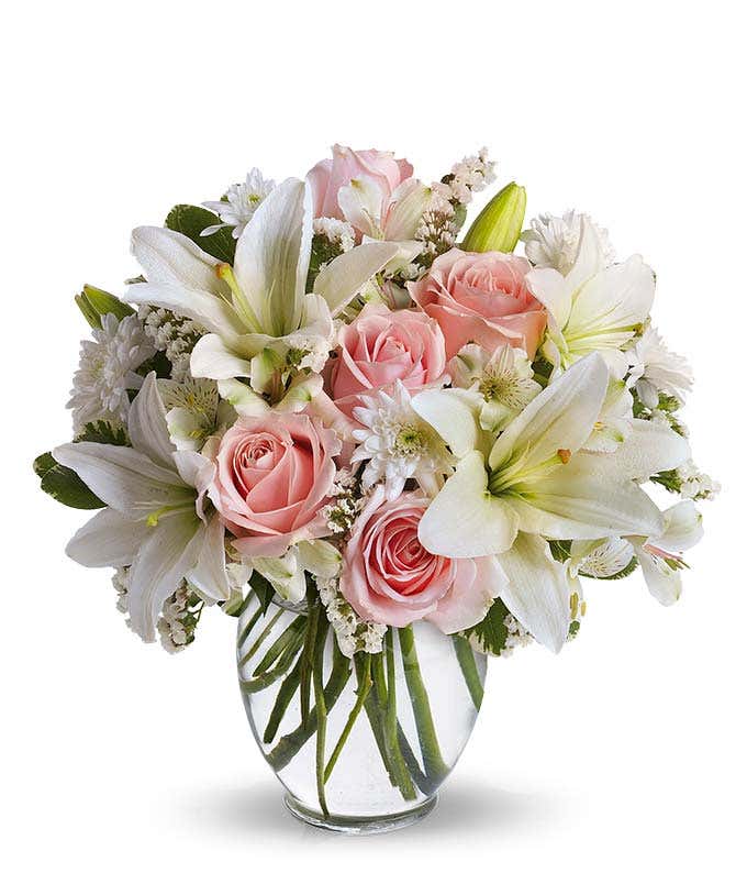 Pink roses, white lilies and white mums
