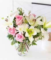 Alternative image 4 for Pink roses, white lilies and white mums