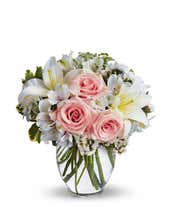 Pink roses, white lilies and white mums