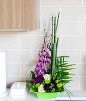 Alternative image 2 for A striking arrangement featuring purple dendrobium orchids, green carnations, hypericum, and bamboo-like equisetum. This unique and vibrant display offers a touch of exotic elegance to any setting. 