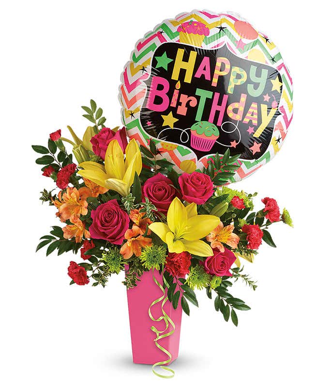 Bright birthday bouquet delivered with birthday balloon