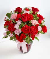 Alternative image 3 for Red roses, pink carnations in a red vase for a romantic bouquet