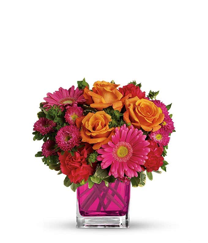 orange roses, hot pink gerber daisies and pink matsumoto flower bouquet