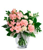 A delicate floral arrangement of pink alstroemeria, pink carnations, white mini carnations, dusty miller, huckleberry, leatherleaf fern, and lemon leaf, elegantly arranged in a clear glass vase. This soft blend offers a gentle and inviting display.