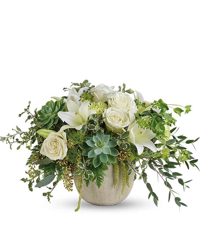 White roses with Succulents in a keepsake container