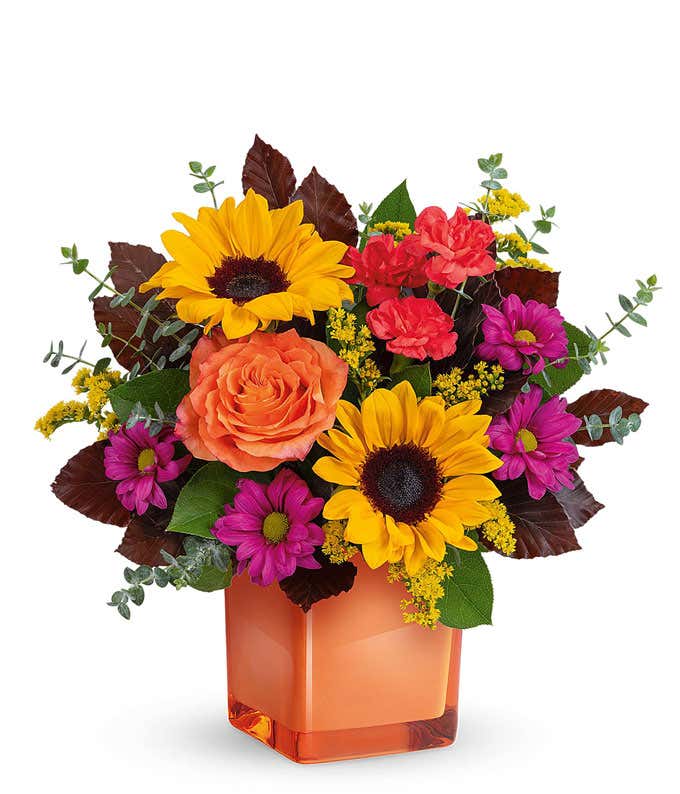 Bright floral arrangement with sunflowers, orange roses, orange carnations, magenta daisy poms, yellow solidago, eucalyptus, and burgundy leaves in an orange cube vase.