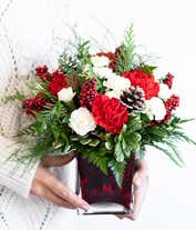 Alternative image 3 for A floral arrangement featuring vibrant red carnations and delicate white mini carnations, complemented by lush noble fir and white pine, all elegantly displayed in a red glass cube vase.