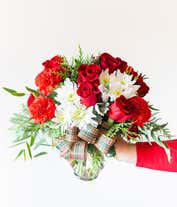 Alternative image 1 for Red roses, red carnations and white mums in a holiday bouquet