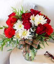 Alternative image 2 for Red roses, red carnations and white mums in a holiday bouquet