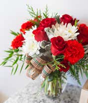 Alternative image 3 for Red roses, red carnations and white mums in a holiday bouquet