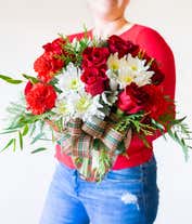 Alternative image 4 for Red roses, red carnations and white mums in a holiday bouquet