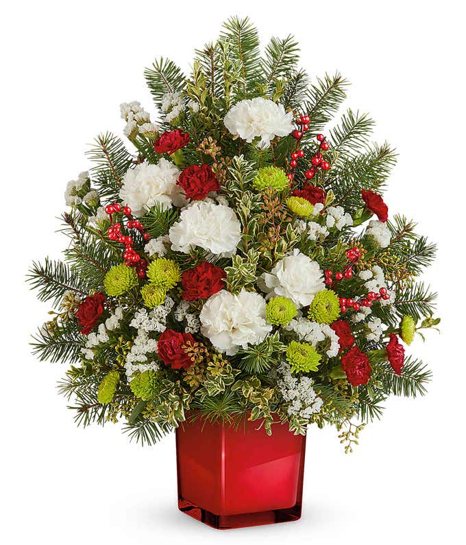  Festive floral arrangement featuring red roses, miniature red carnations, white carnations, green button poms, baby's breath, and seasonal greenery in a red glass cube container. Accented with red berry clusters and pine branches