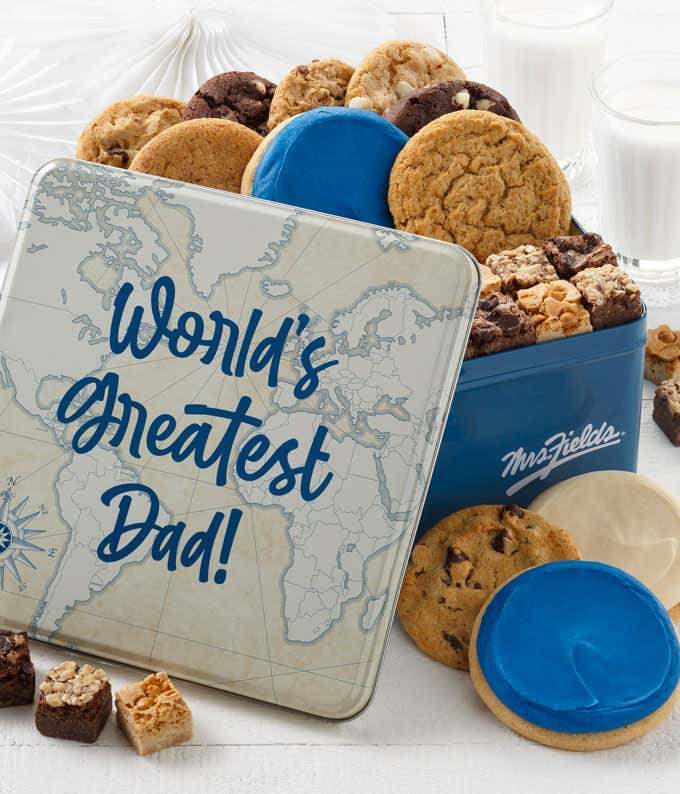 Assorted Father's Day cookie tin with chocolate chip, cinnamon sugar, triple chocolate, and other cookies, plus various brownie bites and a 'World's Greatest Dad' tin.