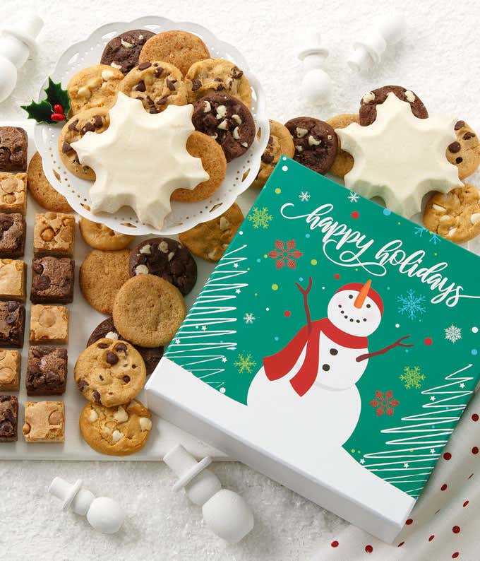 Holiday gift box featuring a snowman design and 