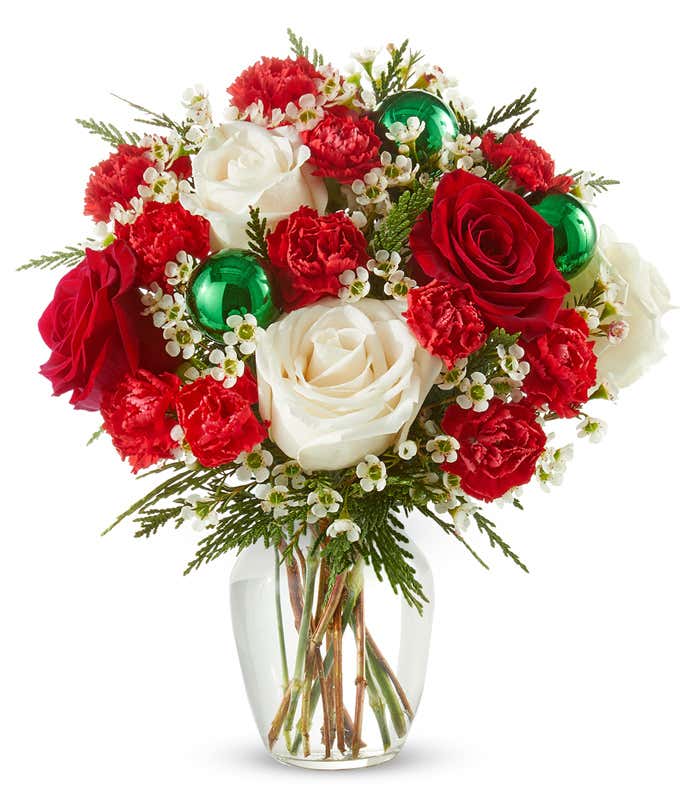 Christmas floral arrangement with red and white flowers