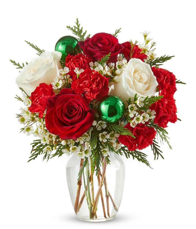 Christmas floral arrangement with red and white flowers