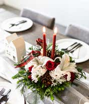 Alternative image 1 for Red roses, white lilies, hypericum berries and red candle centerpieces.
