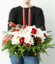 Alternative image 2 for Red roses, white lilies, hypericum berries and red candle centerpieces.