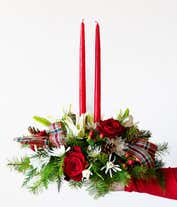 Alternative image 3 for Red roses, white lilies, hypericum berries and red candle centerpieces.