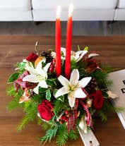 Alternative image 4 for Red roses, white lilies, hypericum berries and red candle centerpieces.