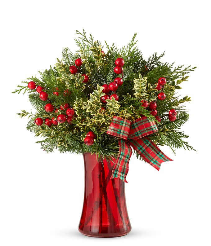 Red rose and hypericum Holiday bouquet