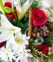 Alternative image 1 for A brown woven basket filled with white lilies, red carnations, red roses, white poms, red berries, and christmas greens with a handle. 