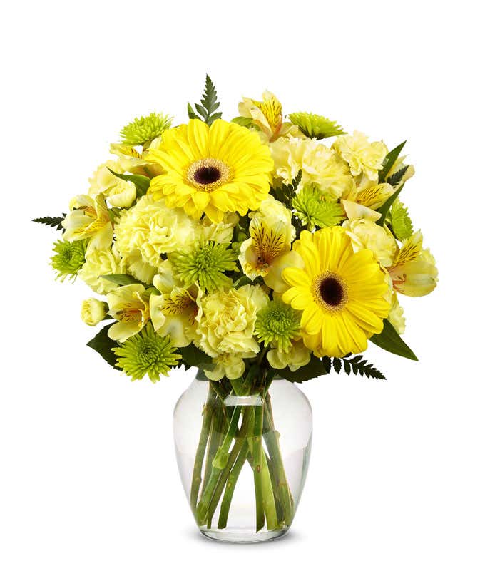 A floral arrangement featuring yellow gerbera daisies, yellow carnations, yellow mini carnations, yellow roses (deluxe & premium), and yellow alstroemeria in a glass vase.