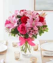 Alternative image 1 for Red roses, pink lilies and pink alstroemeria and glass vase