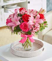 Alternative image 3 for Red roses, pink lilies and pink alstroemeria and glass vase