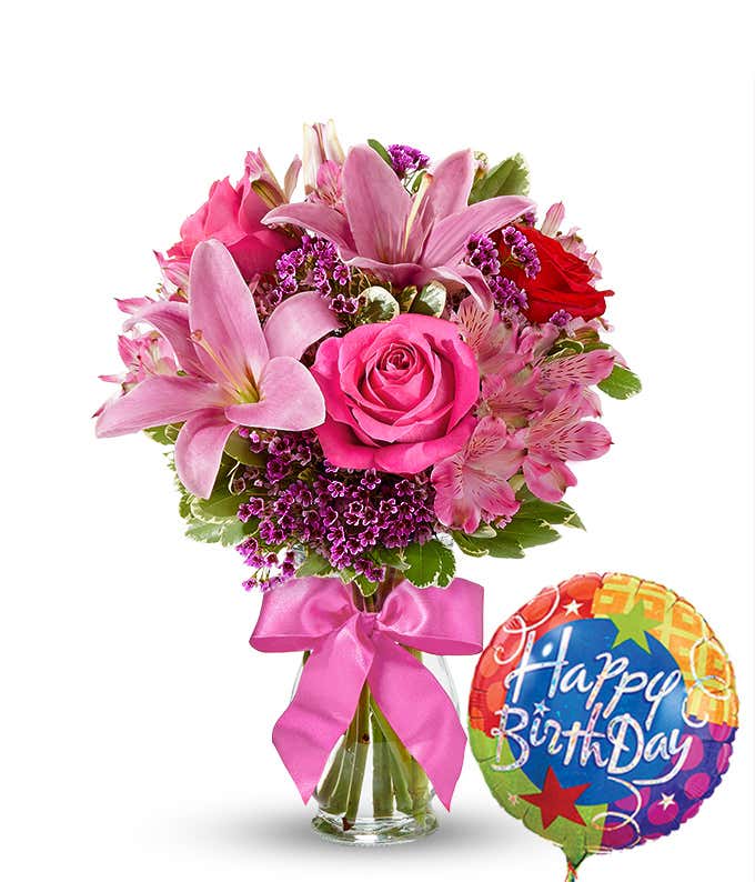 Rose & Lily Celebration with Birthday Balloon