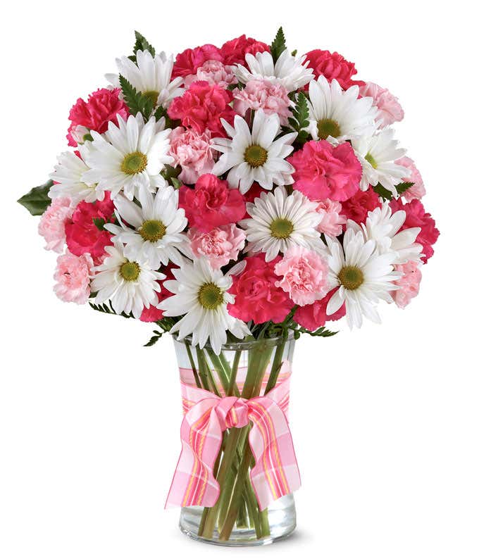 A delightful arrangement featuring hot pink spray roses, white traditional daisies, and pink mini carnations, beautifully arranged in a clear vase with a pink bow. This vibrant mix offers a cheerful and elegant display.