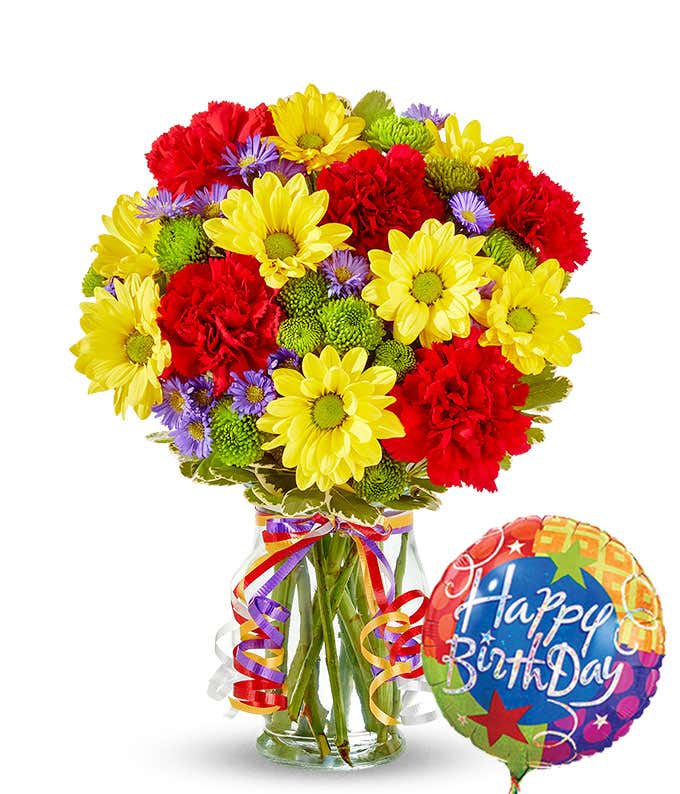 Birthday balloon delivered with mixed flower bouquet