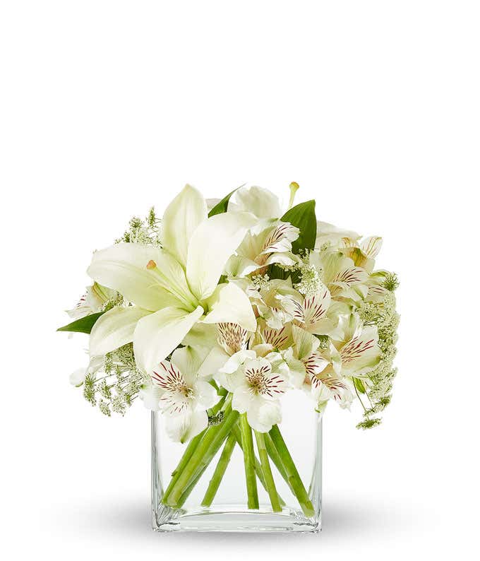 Elegant white floral arrangement featuring white lilies, white alstroemeria, and Queen Anne's lace in a clear cube vase.