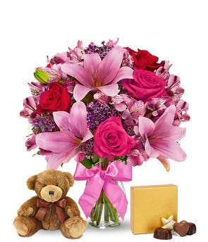Rose & Lily Celebration with Bear & Chocolate at From You Flowers