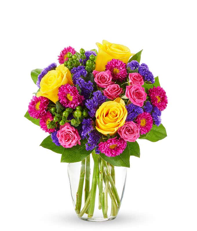 Yellow roses, hot pink roses and asters for delivery