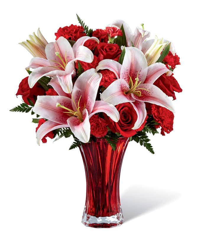 Love flowers with red roses, red carnations and pink lilies