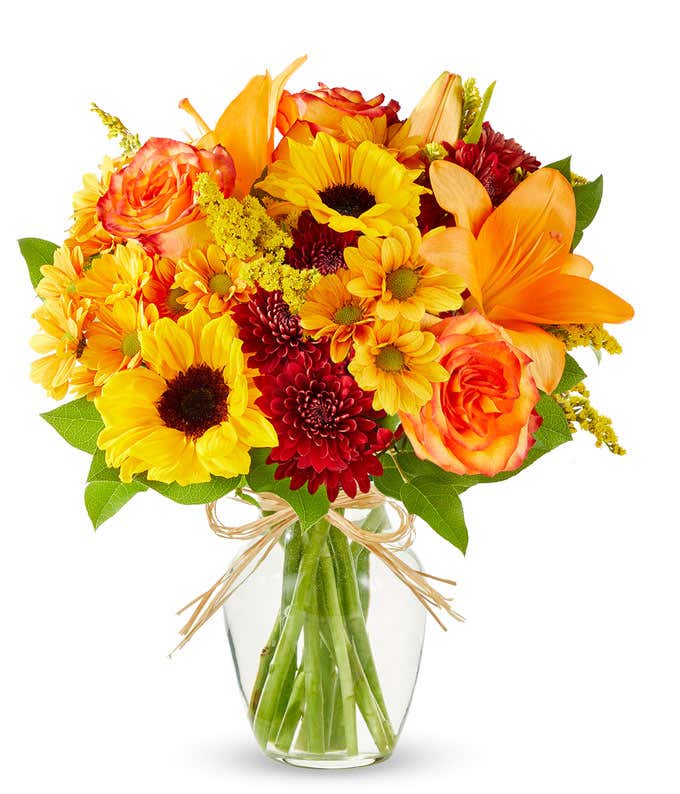 Bright autumn bouquet with sunflowers, orange lilies, orange roses, burgundy poms, yellow solidago, and butterscotch daisies in a clear glass vase tied with a raffia bow.