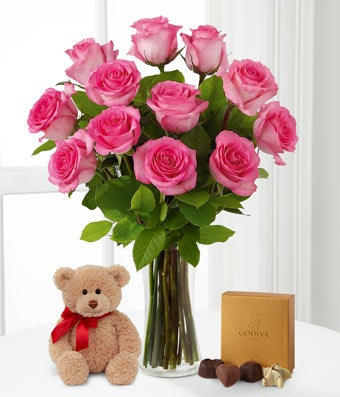 Dozen Pink Roses + Bear + Chocolate at From You Flowers