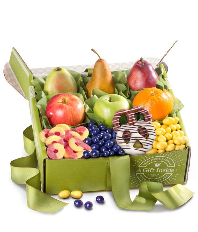 Springtime Gift Box: D'Anjou Pears, Red Pear, Braeburn Apples, Granny Smith Apple, Navel Oranges, Chocolate Dipped Spring Pretzels, Lemon Crme Almonds, Gummy Peach Rings, Chocolate Covered Dried Blueberries, Assorted Ghirardelli Chocolate Squares.