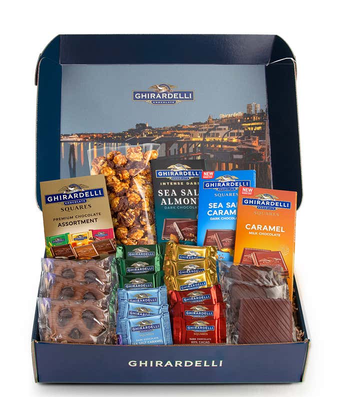  Ghirardelli gift box with assorted chocolate squares, bars, wafers, pretzels, and graham crackers.