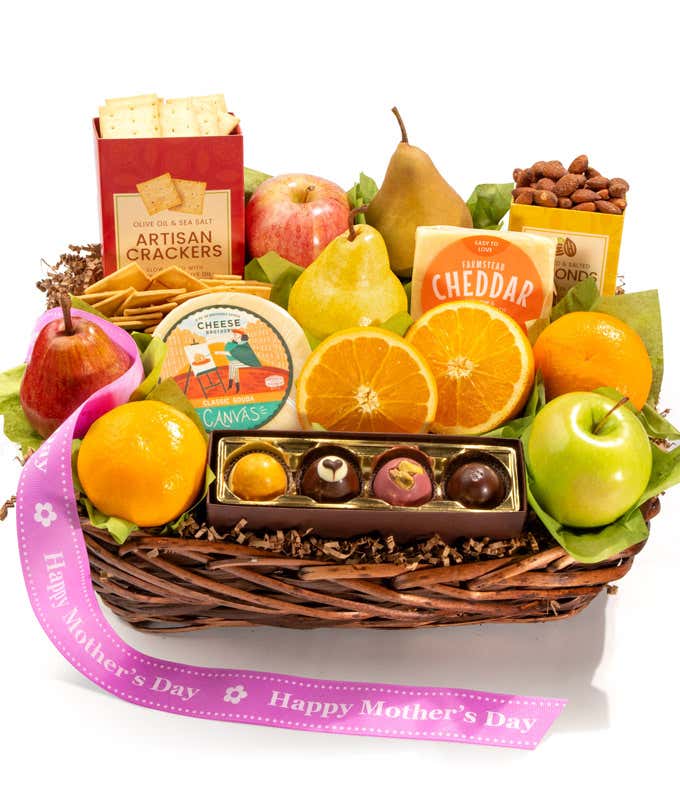 Fresh fruit and gourmet Mother’s Day gift basket with pears, apples, oranges, cheddar and gouda cheese, roasted almonds, olive oil & sea salt crackers, and assorted chocolates with a Happy Mother’s Day ribbon.