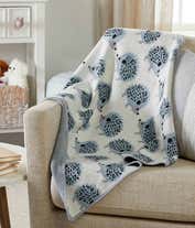 Alternative image 1 for A folded blanket featuring a pattern of blue hedgehogs on a grey background. 