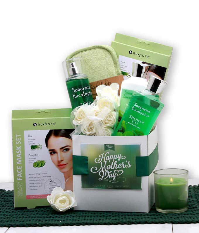 Image of a Mother's Day Spa Gift Box filled with Eucalyptus & Spearmint Body Lotion, Bath Gel, Body Spray, Foaming Bath Fizzes, Glass Candle, Bath Sponge, Face Mask, and a Gift Box with Mother's Day Card.